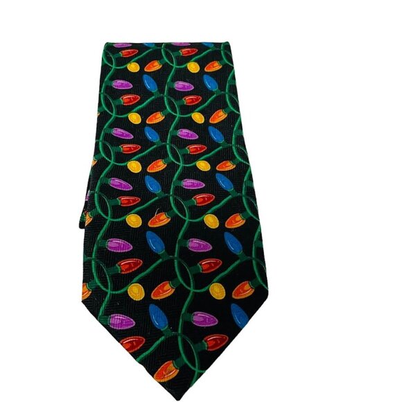 Holiday Mens Christmas Tie Necktie Black with Multi-Color String Lights - Picture 2 of 4